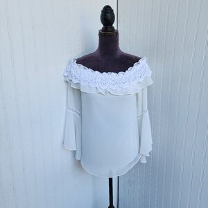 White House Black Market Women’s Ivory White Lace Off  Shoulder Blouse Ruffle XS
